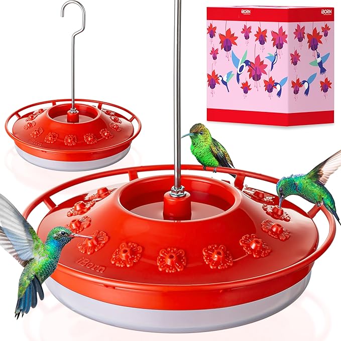 iBorn Hummingbird Feeders for Outdoors Hanging,Bee Proof Hummingbird Feeder with 14 Feeding Ports,13 OZ Saucer Humming Bird Feeders with Ant Moat,Ant Proof No Leak,Easy to Clean and Refill,2 Pack,Red