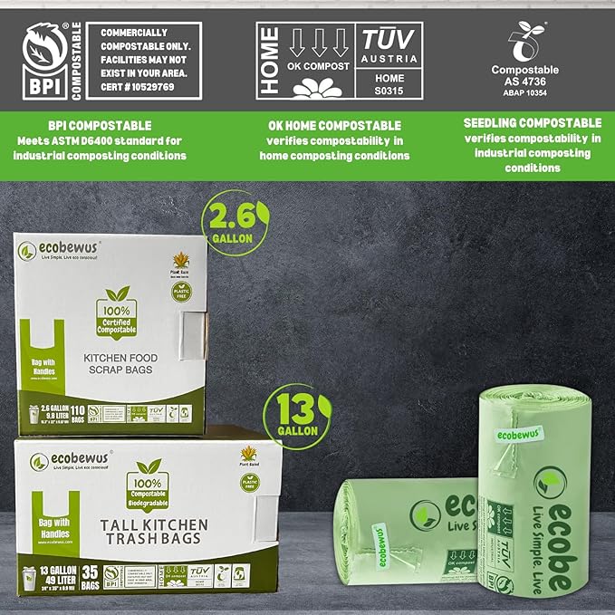 100% Compostable 13 Gallon Bags (35 Bags) Tall Kitchen Food Scrap Disposable Compost Trash Bgas Certified Composte Bags US BPI & OK Compost Home Certified by Meeting ASTM D6400 (35 ct.)