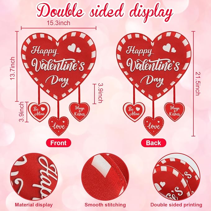 Valentine Garden Flag Banner Outdoor Decorations for Outside Double-Sided Printed, Pink Red White Heart Valentine's Day Yard Flags House Yard Spring Seasonal Decoration 16 x 39.5 Inch Striped Plaid