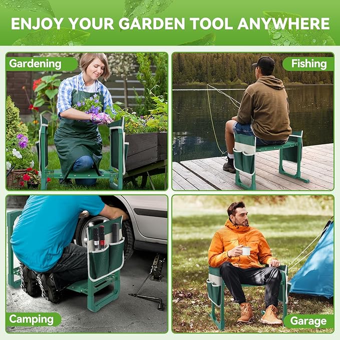 Garden Kneeler and Seat with Anti-Tipping Design, 2-in-1 Heavy Duty Foldable Gardening Stool, Thick Soft Kneeling Pad, 2 Tool Pouches, 400 lbs - Perfect Gardening Gift for Women, Men, Seniors (Green)