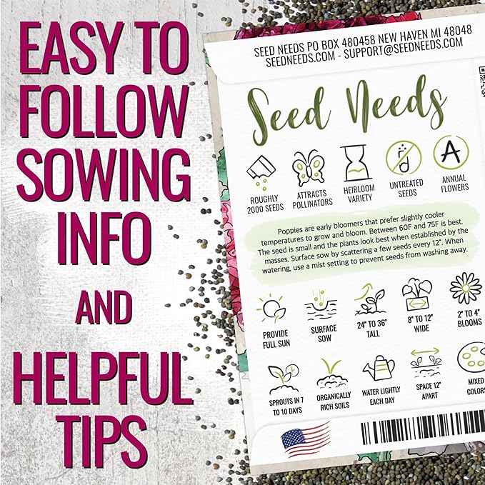 Seed Needs Mixed Peony Poppy Seeds for Planting - Heirloom & Open Pollinated - Colorful Mixture to Plant an Outdoor Butterfly Garden, Attracts Pollinators (2 Packs)