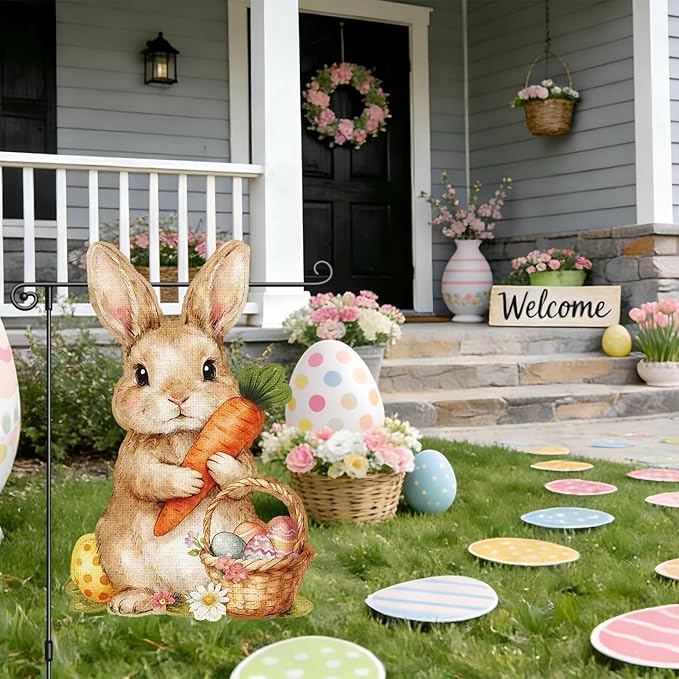 Heyfibro Happy Easter Bunny Garden Flag Banner Double Sided 12.6x18.9 Inch Cute Rabbit Garden Flag Small Yard Flags for Outside House Farmhouse Holiday Easter Outdoor Decorations