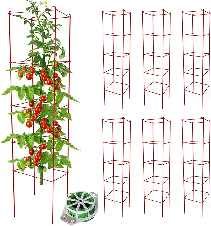 Tomato Cages 6 Packs 57 Inches (H) Plant Stand with 164 Feet Twist Ties, Heavy Duty Garden Plants Support for Tomatoes, Cucumber, and Other Climbing Plants (Red)