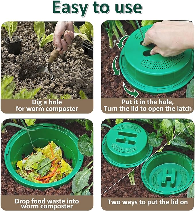 4-Pack InGround Compost Bin for Garden Beds, 8L Worm Composter Farm for Faster Composting, Worm Composter Kit with Aeration, Animal-Proof Lid for Beginners (9.5x9.5x10.8Inch) (4, Green)