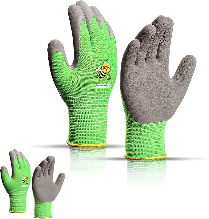 Ages 5-7 Kids Gardening Gloves,Yard Work Gloves for Toddlers, Youth, Girls, Boys, Childrens, Soft Safety Rubber Gloves (XXS Age 5-7, 2 Pairs Green Bee)