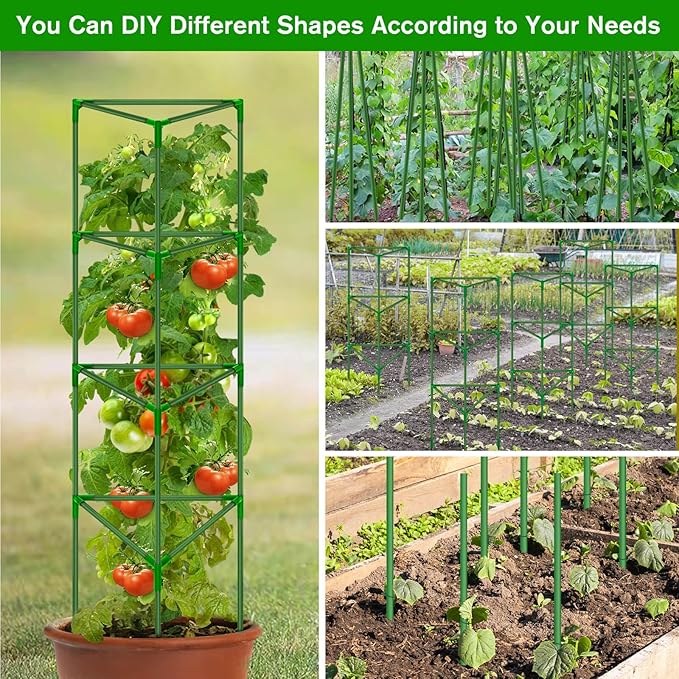 6 Pack Green Triangular Tomato Cages for Garden, Heavy Duty Fiberglass Plant Cages with Adjustable Support, Easy Assembly, Stable Structure