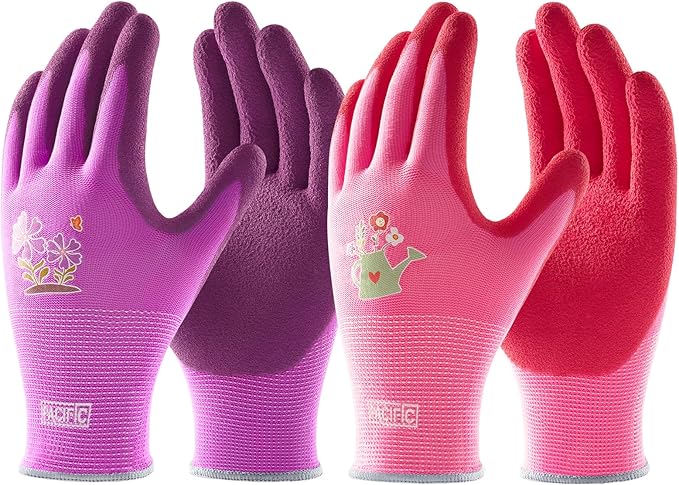 PACIFIC PPE 2 Pairs Gardening Gloves for women and Ladies, Rubber Coated Garden Gloves, Outdoor Protective Work Gloves, Small, Pruple & Red