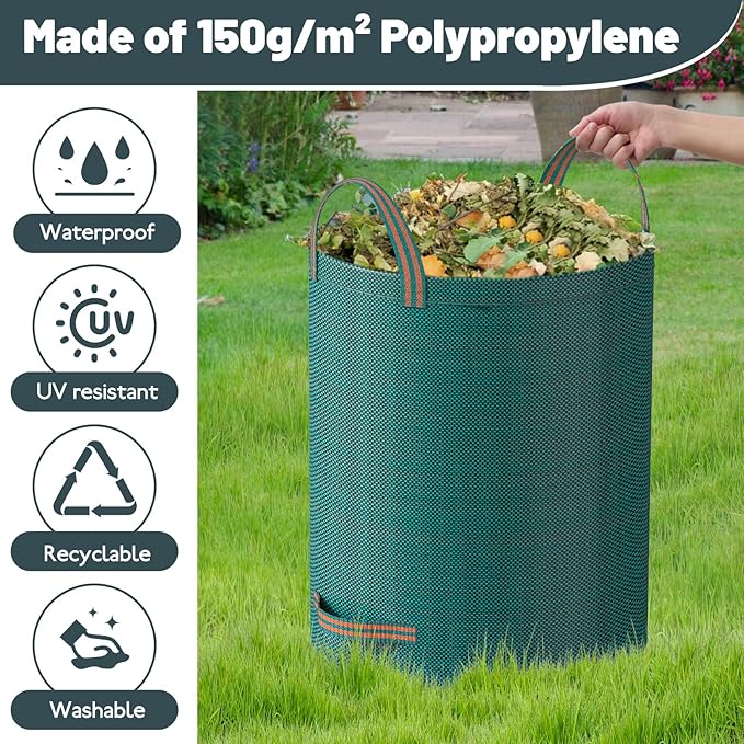 Mokani Reusable Yard Waste Bags, 32 Gallon Lawn and Leaf Bags 3 Packs, Heavy Duty Garden Bags with Reinforced Handles, Camping Yard Recycling Leaf Bag for Leaves