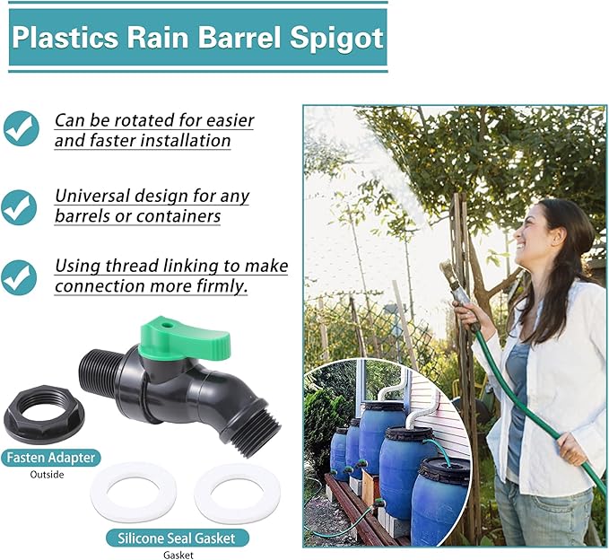 Plastic Rain Barrel Spigot, High Flow Valve Core, 3/4 NPS Inlet x 3/4 GHT Outlet Bulkhead Valve for Outdoor Plastic Bucket Rain water Drum Container Down Spout Collector in
