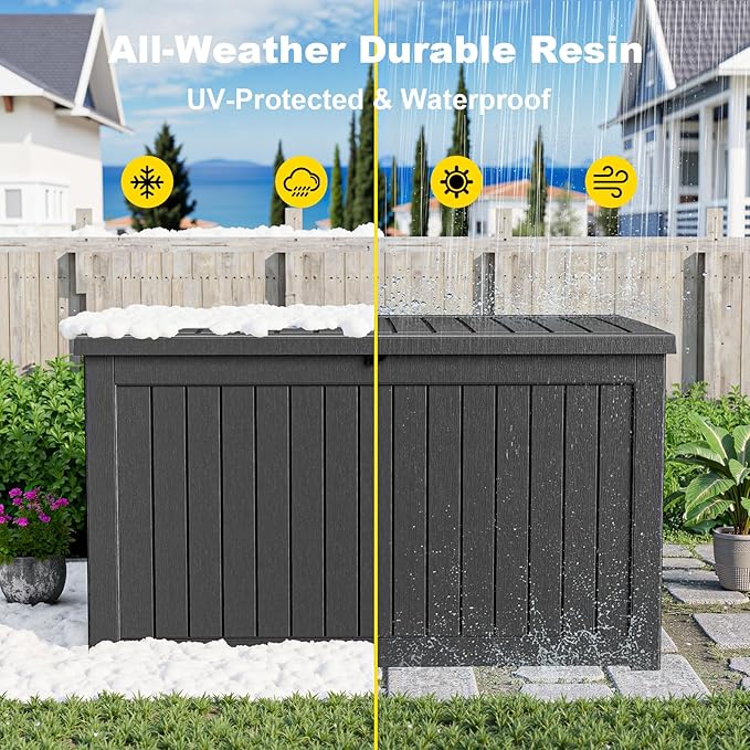 260 Gallon Outdoor Deck Box, Lockable Waterproof Outdoor Storage Boxes For Garden Tools,Indoor Cushions,Accessories Outside Storage Resin Weatherproof Container(Black)