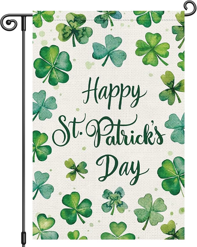 Louise Maelys Happy St Patrick's Day Garden Flag Shamrock Clover 12x18 Inch Double Sided Watercolor Small Burlap Welcome Saint Patricks Spring Holiday Yard Outdoor Sign Outside House Decor