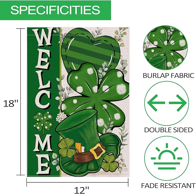 St Patricks Day Garden Flag, St Patricks Day Outdoor Decor Shamrock Clovers Yard Flag 12x18 Double Sided Green, St Patricks Day Decorations Burlap Garden Flags Rustic Welcome Outdoor Farmhouse