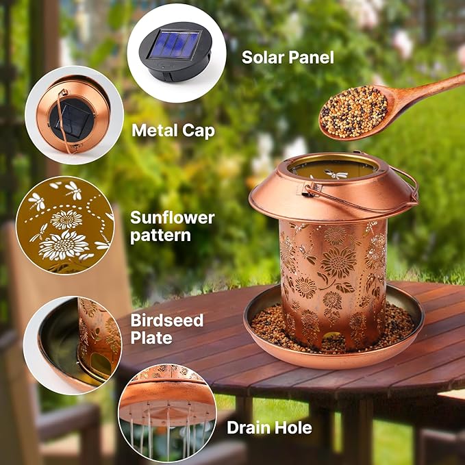 Solar Bird Feeders Outdoors Hanging Solar Lanterns Outdoor Waterproof Metal Wild Bird Feeder Decor Garden Gifts for Women Mom Bird Lovers,Decoration for Yard,Patio,Lawn