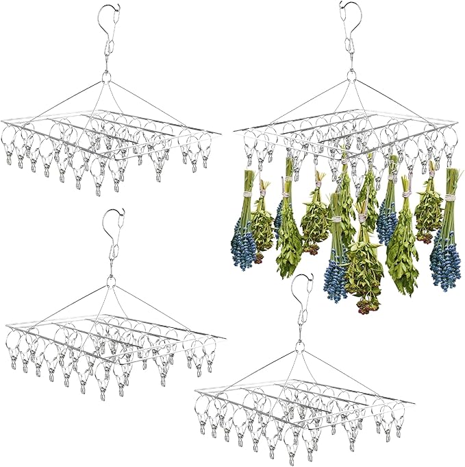 4 Pack Hanging Herb Drying Rack, Stainless Steel with 30 Hooks - Space Saving Herb Dryer for Fresh Herbs, Flowers, Tea & Culinary Herbs - Rustproof Kitchen & Garden Drying Rack
