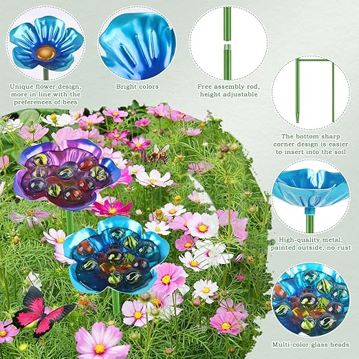 2 Pack Bee Watering Station, Metal Bee Feeder with Glass Marbles, Flower Shape Bee Butterfly Watering Station Bee Waterer Bee Water Catcher Cups for Outdoor Garden Courtyard Decor