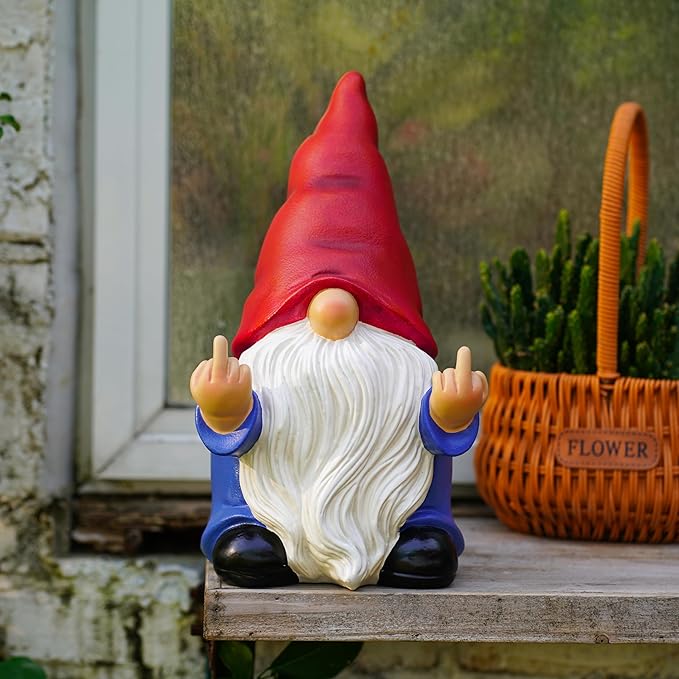 Middle Finger Gnome Statue 12.4in, Large Naughty Garden Gnome Statue Decoration and Lawn Ornament - Funny Garden Gnomes for Outdoor or Home Decor