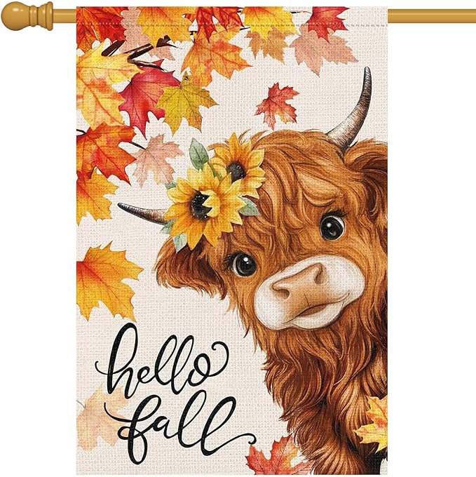 Louise Maelys Hello Fall Garden Flag Floral Highland Cow Welcome 28x40 Inch Double Sided Seasonal Autumn Maple Sunflower Large Burlap Thaksgiving Holiday Yard Sign Outside Outdoor House Decor