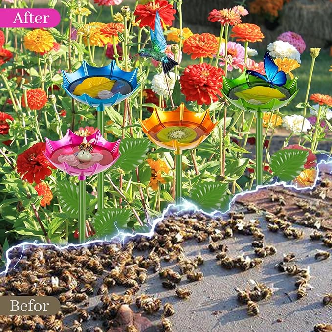 Bee Watering Station | 2 Pack Butterfly Feeder for Outside | Metal Decorative Garden Stakes | Bee Baths for Garden Yard Decor Umbrella Design (Blue,Yellow)