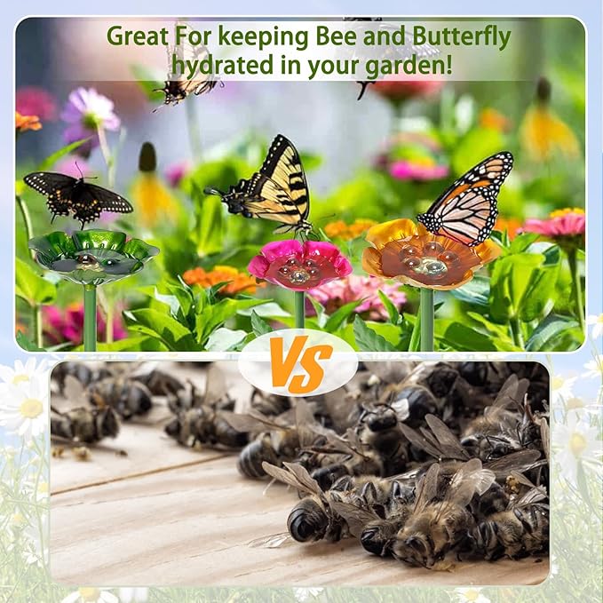 Bee Watering Station for Garden – 4 Pack Metal Flower Bee Bath with Decorative Bee, Butterfly Watering Station Cups with Glass Marbles – Butterfly Feeder for Outdoor Yard, Pollinator Water Feeder