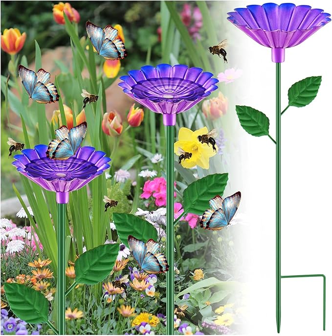 Tandefio 1 Pcs Bee Bath Watering Station, 25 x 2.6 Inch, Metal Flower Bee Feeder for Garden, Colorful Butterfly Feeder & Outdoor Pollinator Station for Birds, Bees & Butterflies(Purple)