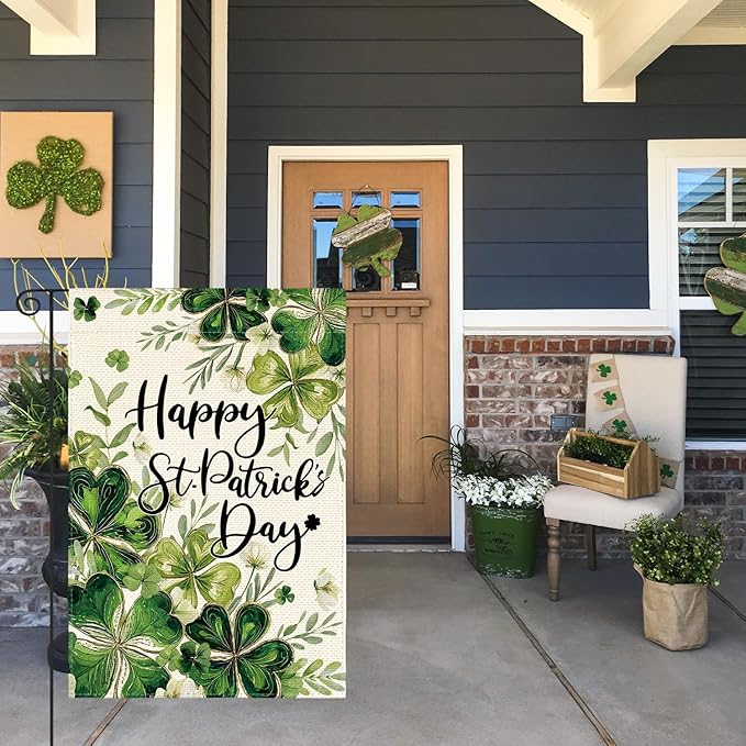AVOIN colorlife Happy St Patricks Day Floral Garden Flag 12x18 Inch Double Sided Outside, Shamrock Lucky Clover Holiday Yard Outdoor Flag