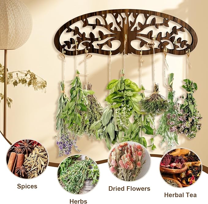 Herb Drying Rack - Wall Mounted Tree Design Holds 11 Bouquets, Space Saving Kitchen Herb & Flower Dryer, Rustic Wooden Hanging Decor for Gardeners, Crafters (dark brown)