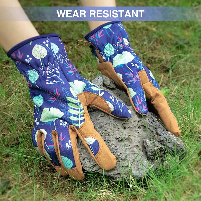 Womens Gardening Weeding Working Gloves, Leather Garden Glove for Women Thorn Proof No Stab for Digging, Planting,Pruning