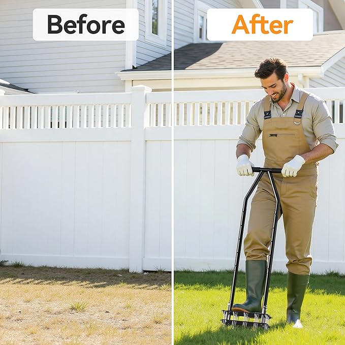 Manual Lawn Aerator Tool - 15 Heavy-Duty Steel Spikes, Ergonomic Padded Handle, Spring-Loaded Auto-Clean Design, Pre-Assembled for Soil Loosening & Lawn Health, Garden/Yard Aeration Tool