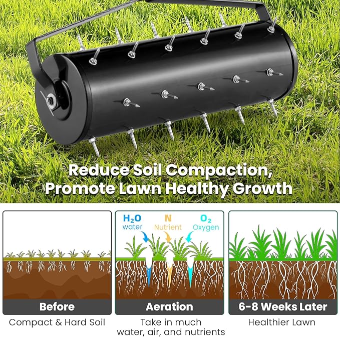 Goplus Rolling Lawn Aerator, 21-Inch Garden Yard Rotary Push Tine Filled Sand Stone, Heavy Duty Spike Soil Aeration w/Metal Handle, Fillable Drum 51" Manual Lawn Aeration Tool Garden Grass Patio Yard