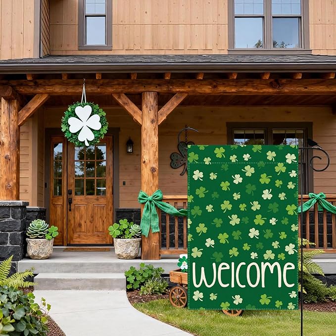 Welcome St. Patrick's Day Green Shamrocks Clovers Garden Flag Yard Flag 12x18 Inch Double Sided Small Mini Yard Outdoor Outside Holiday Decoration