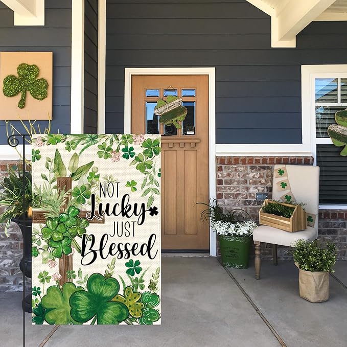 AVOIN colorlife St Patricks Day Garden Flag 12x18 Inch Double Sided Outside, Not Lucky Just Blessed Shamrocks Clovers Cross Yard Outdoor Flag