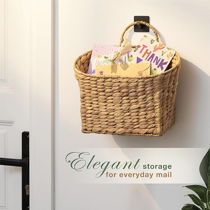 Set of 2 Wicker Hanging Basket for Organizing, Front Door, Mail, Flowers - Woven Wall Baskets for Storage (Hyacinth Natural – Solid Weave)