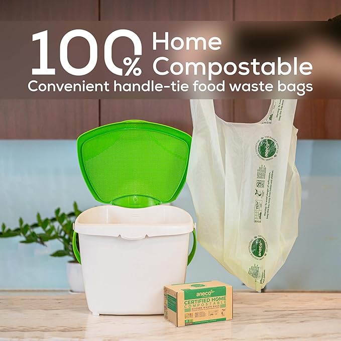 ANECO Compostable Food Waste Bags 3 Gallon With Handles (30 Count), Extra Strong Compost Bags for Kitchen Countertop Bin - BPI & OK Compost HOME Certified Small Garbage Bags With Handles