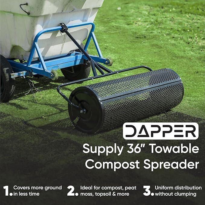 Compost Spreader 36 Inch Towable Peat Moss Spreader, Heavy Duty Rust-Resistant Steel Frame Roller Lawn Spreader for Top Soil, Manure, Mulch, Top Dressing - Garden Spreaders for Lawns