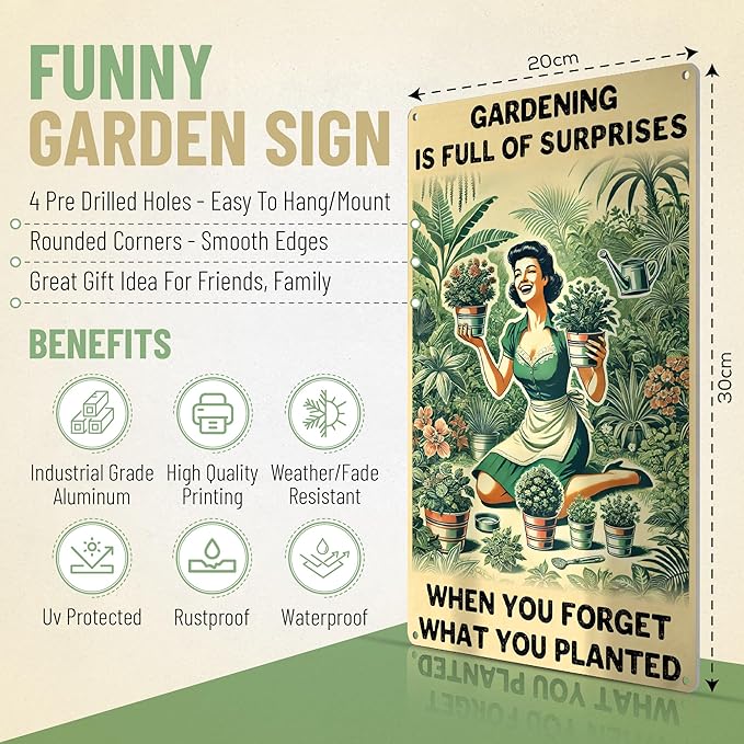 Funny Garden Decor Sign – Gardening Gifts for Women, Garden Decor Aluminum Outdoor Sign, Gardening Is Full of Surprises, Yard & Patio Gifts for Plant Lovers & Gardeners 12" x 8"