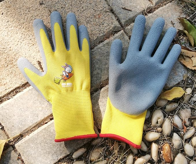 Ages 5-7 Kids Gardening Gloves,Yard Work Gloves for Toddlers, Youth, Girls, Boys, Childrens, Soft Safety Rubber Gloves (XXS Age 5-7, 1 Pair Yellow Rabbit Carrot)