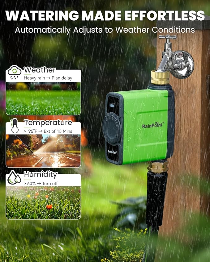RAINPOINT WiFi Water Timer for Garden Hose, WiFi Sprinkler Controller, Smart Hose Timer Valve, Automatic Drip Irrigation System/Rain Delay for Garden/Lawn/Yard (Brass Inlet, No Gateway)