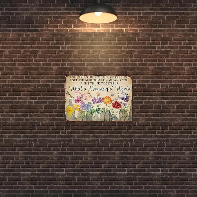 Gardening Sign What A Wonderful World Vintage Flower Tin Plate Sign for Outdoor Garden Greenhouse Yard 8x12 Inch
