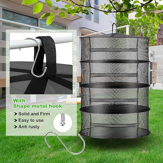 Herb Drying Rack Net Mesh with Black Zippers Hydroponics, Bonus Hook Scissor Drying Rack 2ft for Plant Bud Seed, Mesh Hanging Plant Dry, Herb Dry Net for Garden (4 L, Black Zipper)