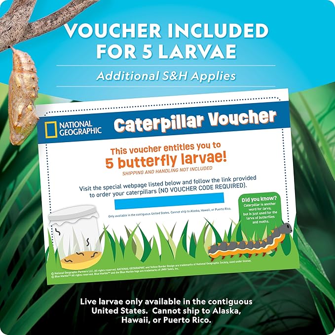 National Geographic Butterfly Growing Kit - Butterfly Habitat Kit with Voucher to Redeem 5 Caterpillars (S&H Not Included), Butterfly Cage, Feeder, Easter Basket Gifts for Kids