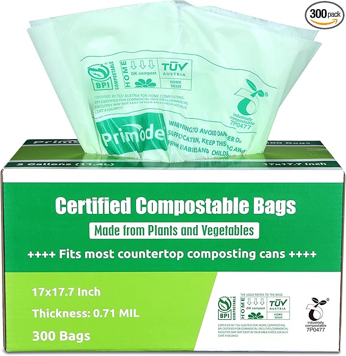 Primode Compostable Trash Bags, Food Scraps Yard Waste Bags,Extra Thick 0.71 Mil. ASTMD6400 Compost Bags Small Kitchen Bin Bags, Certified By BPI and TÜV AUSTRIA (3 Gallon)