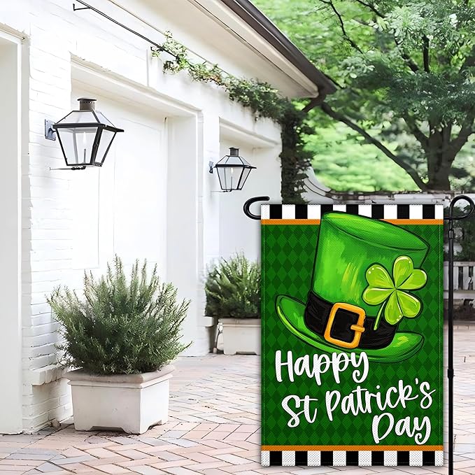 Happy St Patricks Day Garden Flag 12x18 Inch Shamrock Top Hat Garden Flag for Outdoor Indoor House Outside Yard Green Shamrock Holiday Signs Decorations