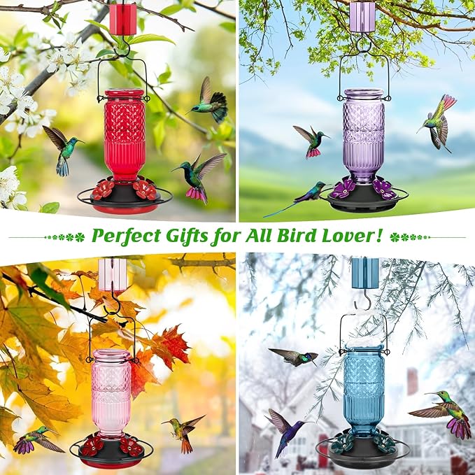 FEED GARDEN Glass Hummingbird Feeder for Outdoors Hanging, 16 OZ Humming Bird Feeders with 4 Bee Guard Feeding Ports&Built-in Ant Moat, Hummingbird Gifts for Mom Bird Feeder for Outside, Purple,1 Pack