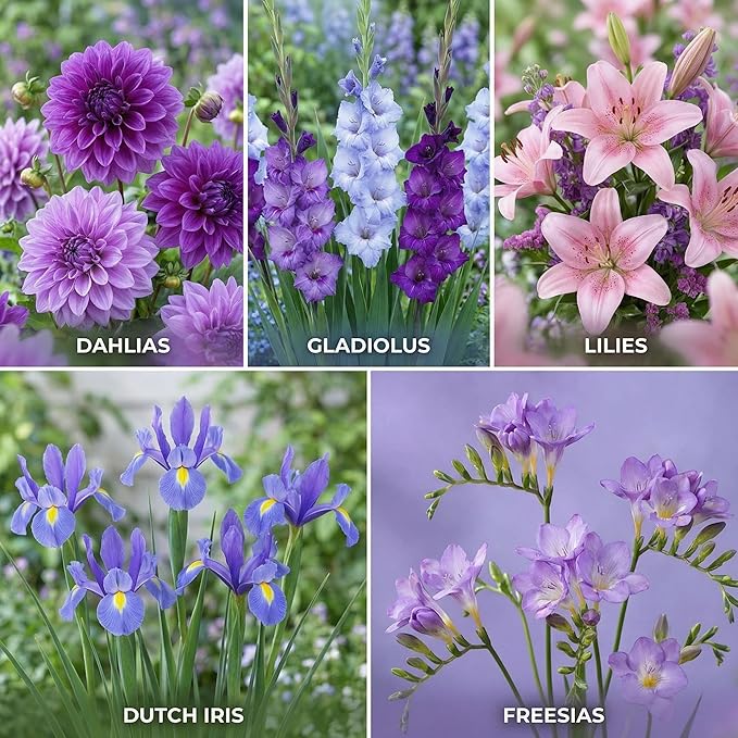 Royal Purple 64-Bulb Butterfly & Bee Pollinator Garden Mix – Premium Dahlias, Gladiolus, Lilies, Dutch Iris & Freesia | Easy-to-Grow Deer-Resistant Perennials | Summer Bloom, Spring Planting