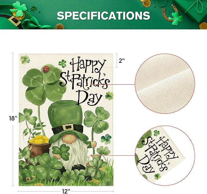 AVOIN colorlife Happy St Patricks Day Garden Flag 12x18 Inch Double Sided Outside, Leprechaun Gnome Lucky Clover Holiday Yard Outdoor Flag