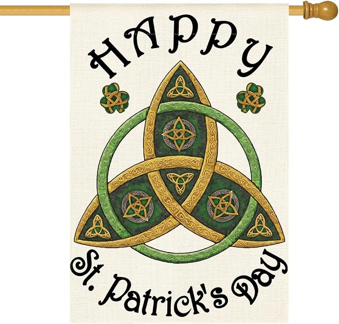 AVOIN colorlife Trinity Happy St Patricks Day House Flag 28x40 Inch Double Sided Outside, Shamrock Clover Welcome Yard Outdoor Decoration