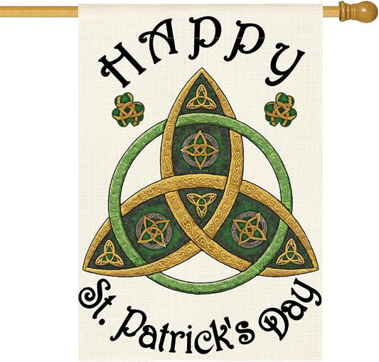 AVOIN colorlife Trinity Happy St Patricks Day House Flag 28x40 Inch Double Sided Outside, Shamrock Clover Welcome Yard Outdoor Decoration