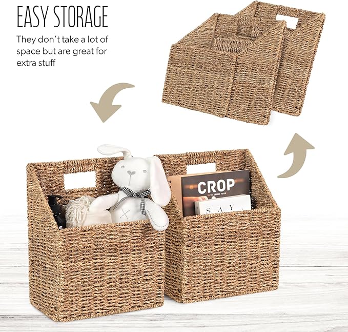 Wicker Hanging Storage Basket (10,5"Lx6,5"Wx13"H), Set of 2 Wall Baskets, Water Hyacinth Baskets, Wall Decor Hyacinth Basket Hanging for Organizing Files, Mails, Books (Seagrass)