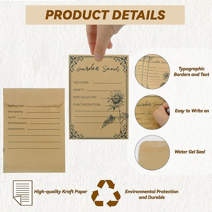 100 Pieces Seed Envelopes - Seed Packets Self Adhesive Sealing Small Seed Saving Envelopes for Storage 4.72 * 3.15 Inch for Collection Vegetable Plants Garden Seeds