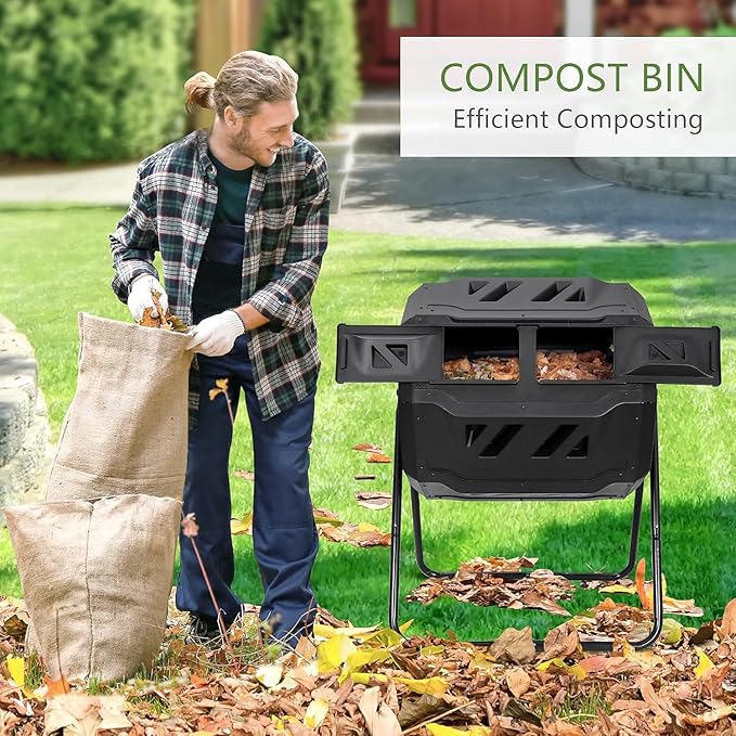 43 Gallon Large Composting Tumbler Dual Chamber Outdoor Garden Rotating Compost Bin Tumbling Composter with Sliding Door,Black